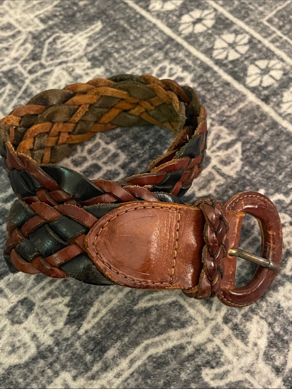Vintage Genuine Leather Braided Two-toned Brown/Black Leather Buckle Belt size S - Picture 1 of 6
